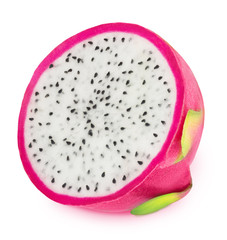 Halved dragon fruit isolated on a white background.