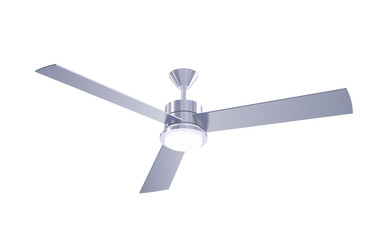 Three blade ceiling fan. Isolated vector object. Metallic chrome chandelier with a simple white lamp and cooling propeller. Home, hotel and office overhead ventilator. Generic appliance. Detailed icon