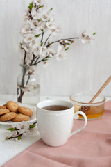 A tasty break: a cup of tea and a plate of cookies.