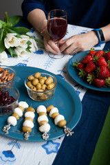 A gourmet break: strawberries, grape juice and various appetizers.