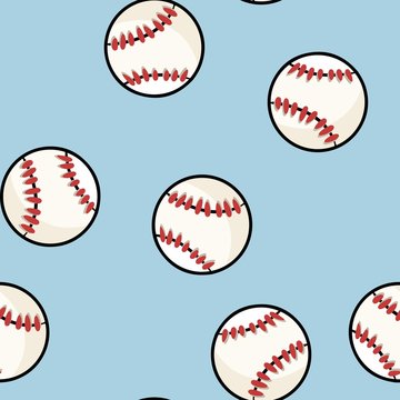Baseball seamless pattern. Cute doodle hand drawn baseballs on blue background texture tile