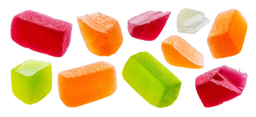 Fruit jellies, marmalade sweets isolated on white background