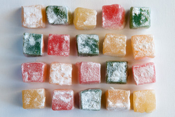 Turkish delight sweets in a square pattern.