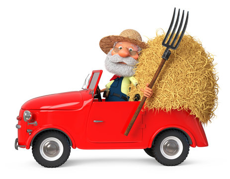 3D illustration funny old grandfather of the farmer on car/3D illustration grandfather peasant posing in overalls with a pitchfork near a haystack