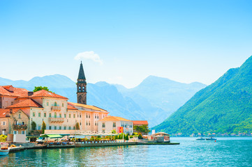 Beautiful view of Perast town in Kotor bay, Montenegro. Famous travel destination. Summer landscape.