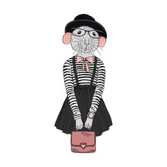 Humanized rat girl hipster dressed up in stripy top, hat, glasses. Hand drawn vector illustration. Furry art image. Anthropomorphic animal.