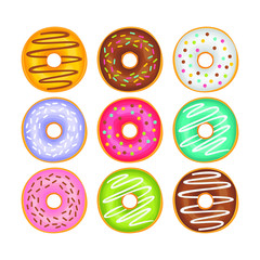 Fototapeta premium Colorful glazed donut set on white background. Set doughnut sweet food. Donuts vector