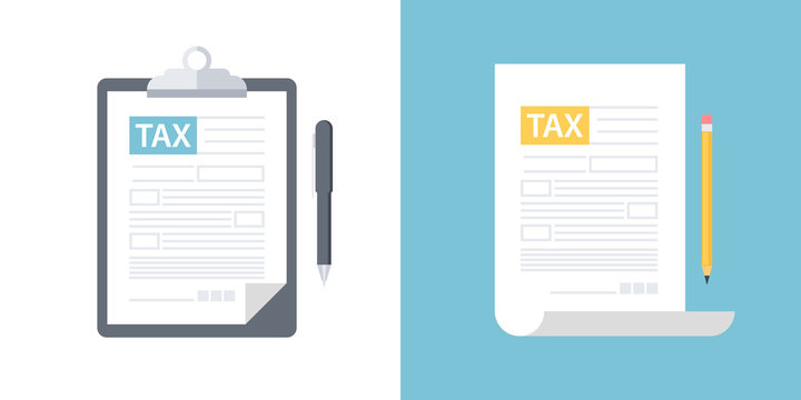 Clipboard with tax form and pen, tax form with pencil. Tax declaration or income taxation flat design vector illustration.
