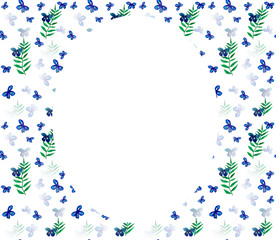 Seamless pattern done from hand drawn watercolor blue butterflies and green leaves. Frame.