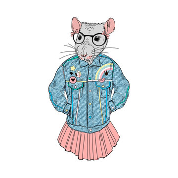 Humanized rat girl hipster dressed up in 90's retro jeans style. Hand drawn vector illustration. Furry art image. Anthropomorphic animal.