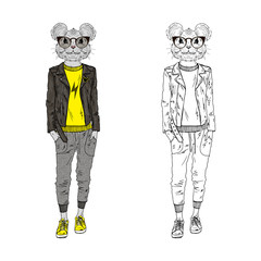 Humanized rat teenager girl hipster dressed up in modern urban style. Hand drawn vector illustration. Furry art image. Anthropomorphic animal.