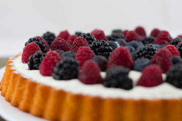 Dessert with fruits and mascarpone, fresh fruits, raspberries, blackberries and blueberries. Summer or spring light dessert in Italian style.