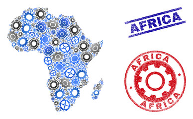 Service vector Africa map mosaic and stamps. Abstract Africa map is designed with gradiented random gear wheels. Engineering geographic scheme in gray and blue colors,
