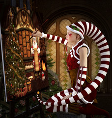 Fototapeta na wymiar Beautiful young elf is a painter and creates a christmas scene on her canvas - 3D illustration