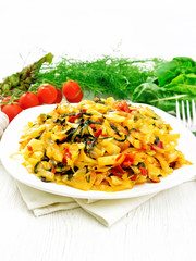 Cabbage stew with chard in plate on wooden board