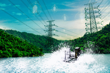 Electricity transmission line with green tree mountain, Green conservative energy, Energy be...