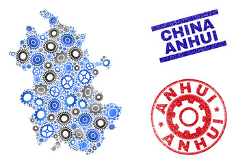 Gear vector Anhui Province map collage and stamps. Abstract Anhui Province map is constructed of gradiented random gear wheels. Engineering territory plan in gray and blue colors,