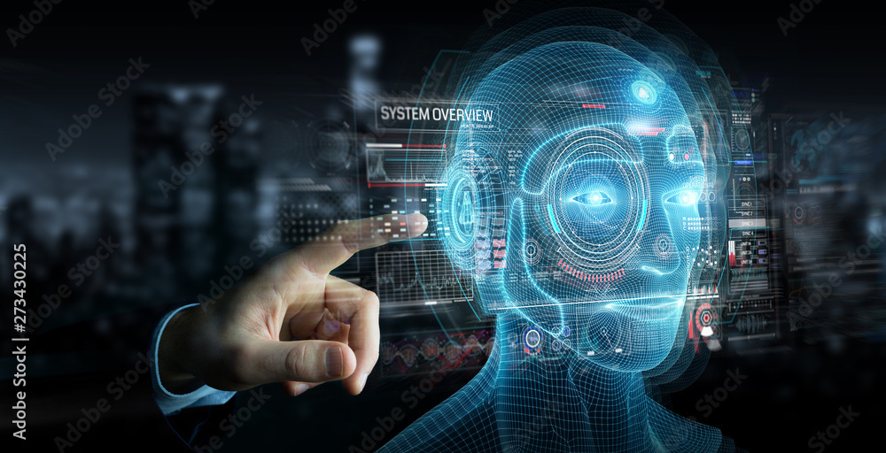 Poster businessman using digital artificial intelligence head interface 3d rendering