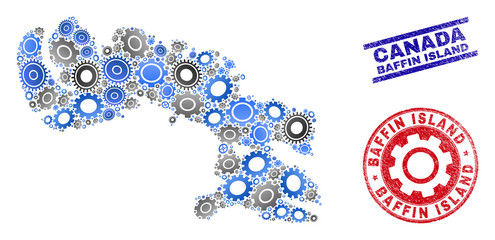 Mechanics vector Baffin Island map composition and seals. Abstract Baffin Island map is composed from gradiented randomized cogs. Engineering territorial scheme in gray and blue colors,