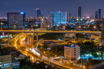 Fototapeta na wymiar Bangkok City skyline with urban skyscrapers in night time, Thailand