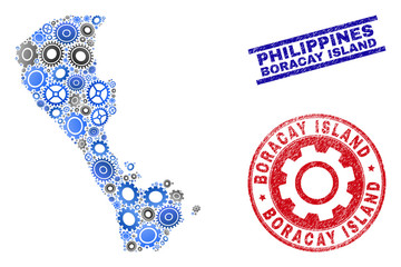 Cog vector Boracay Island map composition and stamps. Abstract Boracay Island map is organized of gradiented scattered gearwheels. Engineering territory scheme in gray and blue colors,