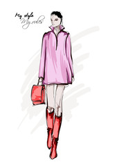 Hand drawn beautiful young woman in dress. Stylish autumn outfit. Fashion woman look. Fashion model posing. Sketch