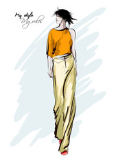 Beautiful young women in trousers and blouse. Hand drawn fashion girl. Fashion model posing. Sketch. Vector illustration.