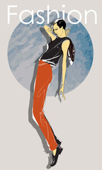 Beautiful young women in trousers and blouse. Hand drawn fashion girl. Fashion model posing. Sketch. Vector illustration.