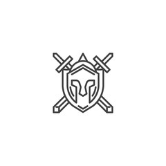Spartan warrior helmet with shield and sword. Vector logo icon template