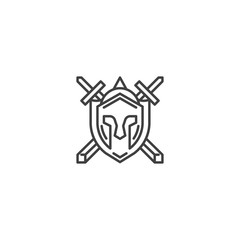 Obraz premium Spartan warrior helmet with shield and sword. Vector logo icon template