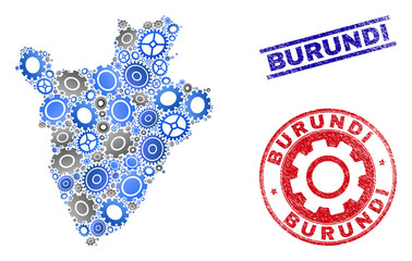 Industrial vector Burundi map mosaic and seals. Abstract Burundi map is formed with gradient random gearwheels. Engineering territorial scheme in gray and blue colors,