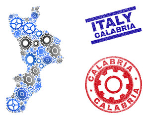 Service vector Calabria region map composition and seals. Abstract Calabria region map is formed from gradiented randomized gears. Engineering territorial scheme in gray and blue colors,