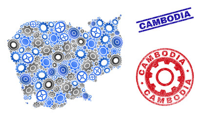 Gear vector Cambodia map composition and seals. Abstract Cambodia map is constructed with gradiented random gears. Engineering territorial scheme in gray and blue colors,