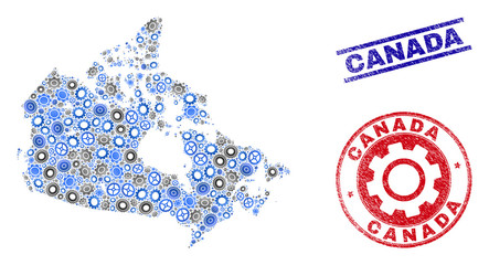 Wheel vector Canada map collage and stamps. Abstract Canada map is created of gradient random gearwheels. Engineering territory plan in gray and blue colors, and blue and red rounded and lines stamps,