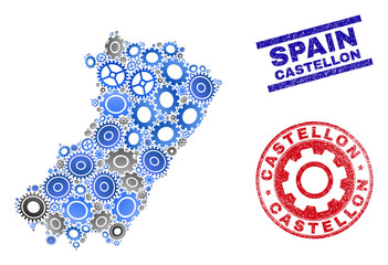 Cog vector Castellon Province map composition and seals. Abstract Castellon Province map is organized of gradiented scattered cogwheels. Engineering geographic scheme in gray and blue colors,
