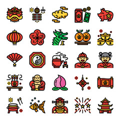 chinese new year pixel perfect color line icons