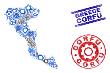 Mechanics vector Corfu Island map mosaic and seals. Abstract Corfu Island map is constructed from gradiented scattered gear wheels. Engineering territory plan in gray and blue colors,