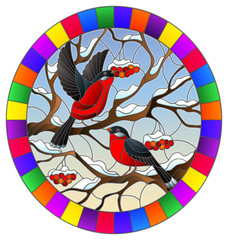 Illustration in stained glass style with a pair of bullfinches, on the background of snow-covered mountain ash tree,oval image in bright frame