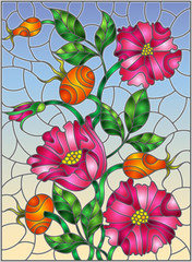 Illustration in stained glass style with flowers , berries and leaves of wild rose