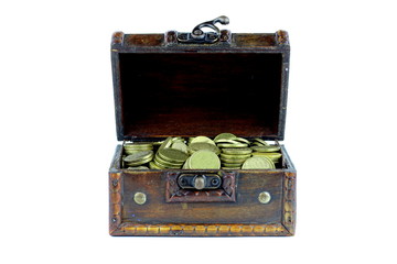 A small chest of wood with coins on a light background.