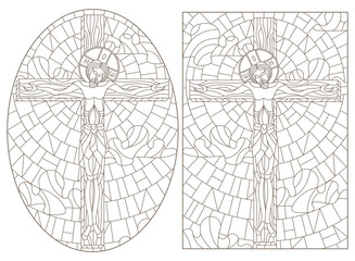 Set of contour illustrations of stained glass Windows on the biblical theme, Jesus Christ on the cross against the cloudy sky and the sun,  dark contours on a white background