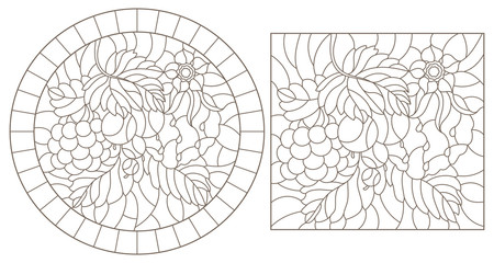 A set of contour illustrations of stained glass Windows with berries, flowers and leaves, dark contours on a white background
