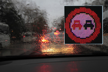 Colorful traffic warning and guidance signs made with LED lights. One way, don't turn u, don't turn...