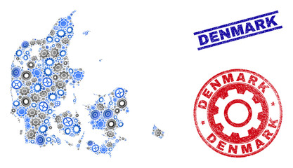 Repair workshop vector Denmark map mosaic and seals. Abstract Denmark map is created from gradient random gear wheels. Engineering territorial plan in gray and blue colors,