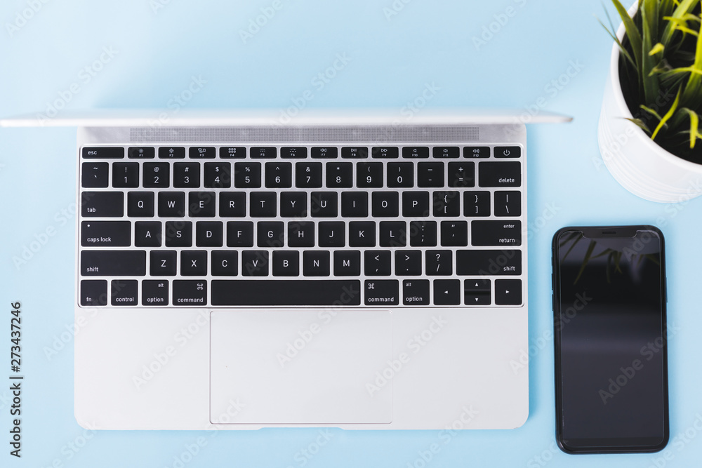 Poster top view of modern technology smart phone mobile and computer laptop on