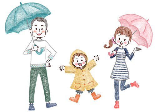 rainy day smiling family illustration