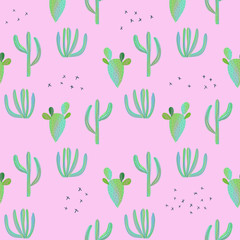 Cacti seamless pattern on pink background