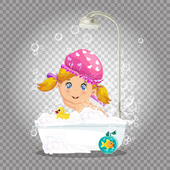 Baby in bath., girl taking bubble bath with foam