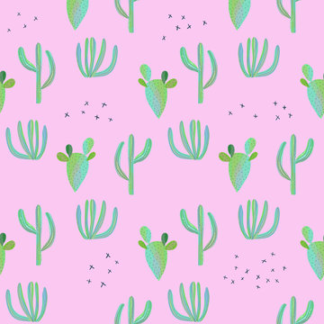 Cacti seamless pattern on pink background