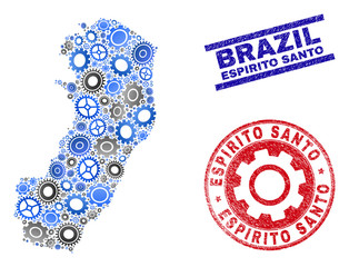 Repair service vector Espirito Santo State map composition and stamps. Abstract Espirito Santo State map is designed of gradient random cogwheels.